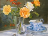 Still Life with roses and patterned blue jug Oil on canvas  15in x 19in © Kevin Flood