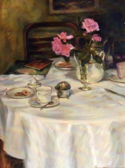 Table with Pink Roses and  China Cups